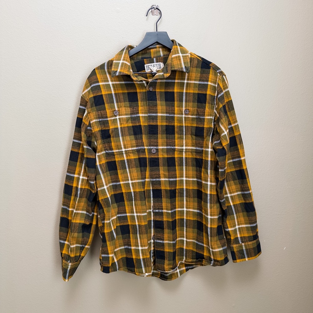 Duluth Trading Co Mens Medium Plaid Flannel Shirt 100% Cotton Mustard Green